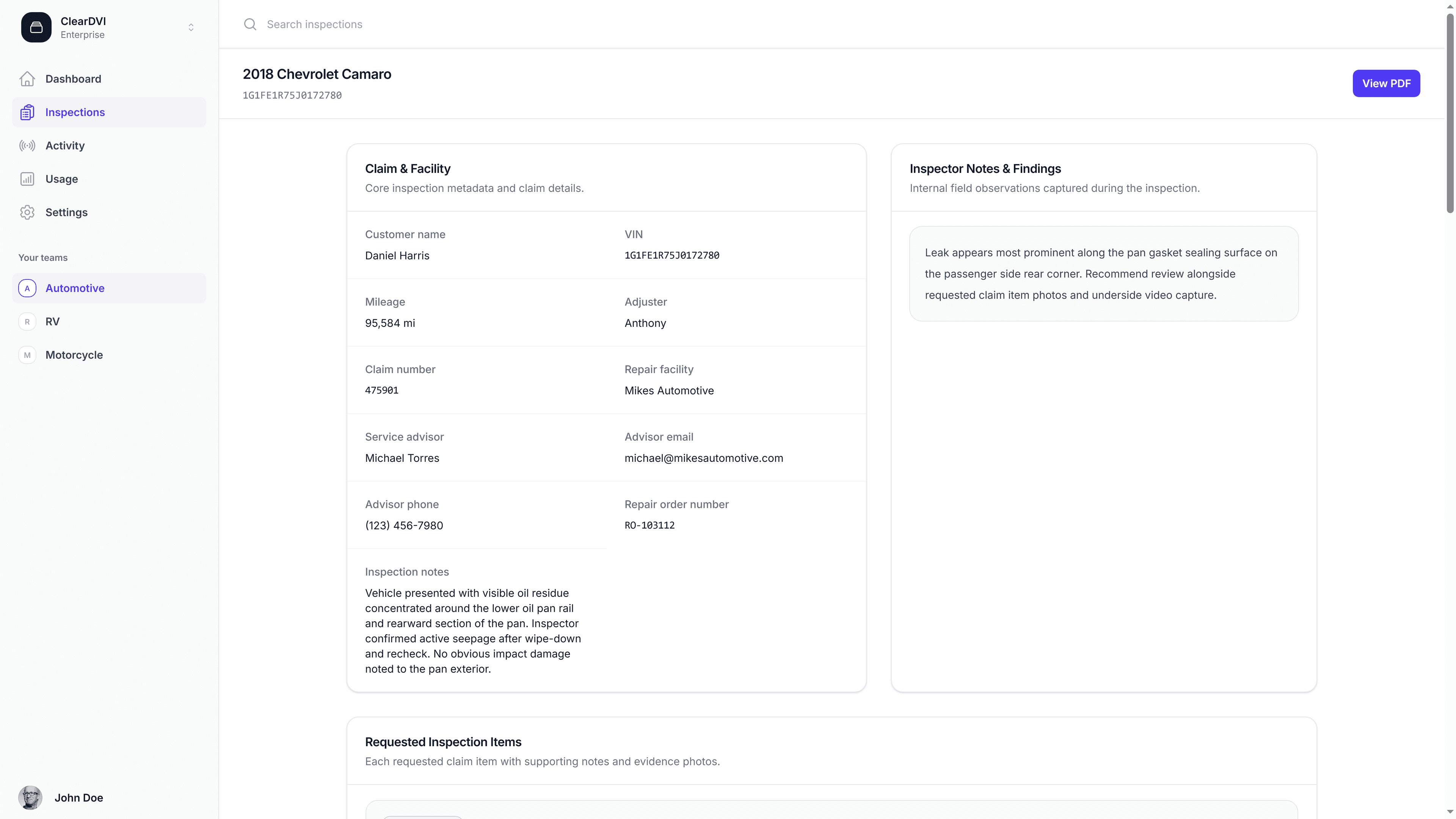 Inspection review dashboard